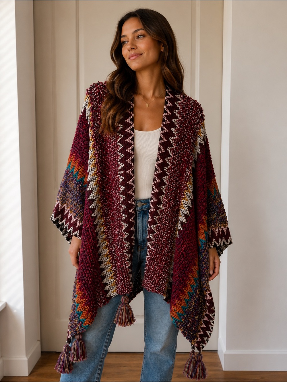 Multicolor Burgundy Geo Knit Open Cardigan Sweater